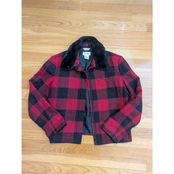 Talbots Buffalo Check Plaid Wool Jacket with Faux Fur Removable Collar Size 4 - Picture 12 of 12